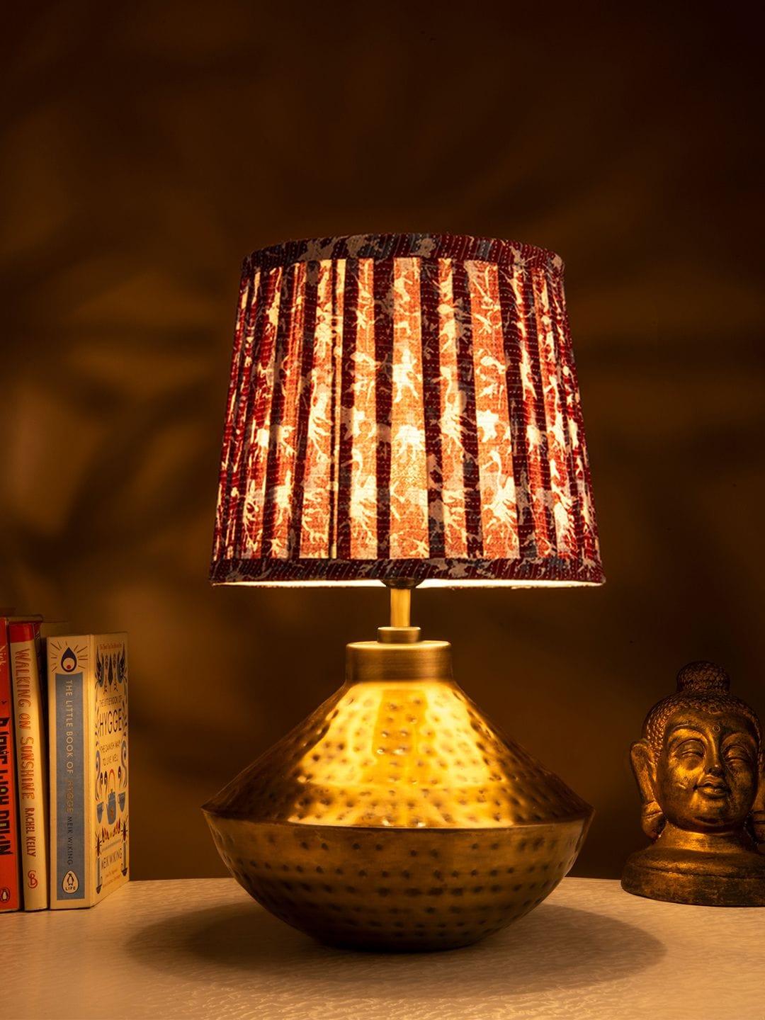 Golden Hammered Urn Lamp with Pleeted Multicolor Maroon Shade - Ouch Cart