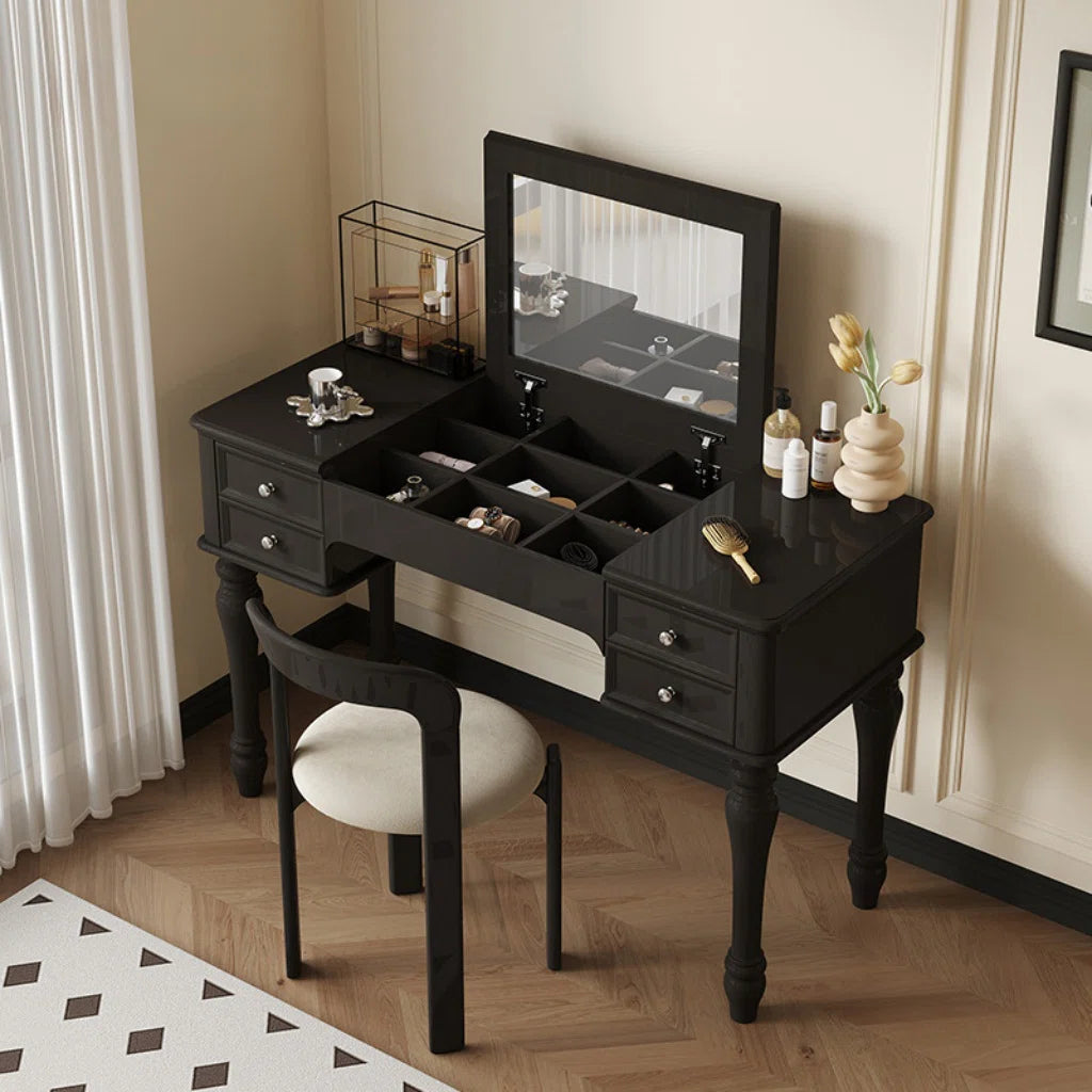 Modern Black Vanity Table with Mirror & Smart Storage – Solid & Engineered Wood