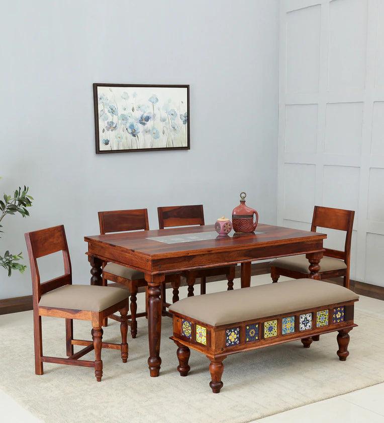 Sheesham Wood 6 Seater Dining Set In Honey Oak Finish With Cushioned Bench - Ouch Cart