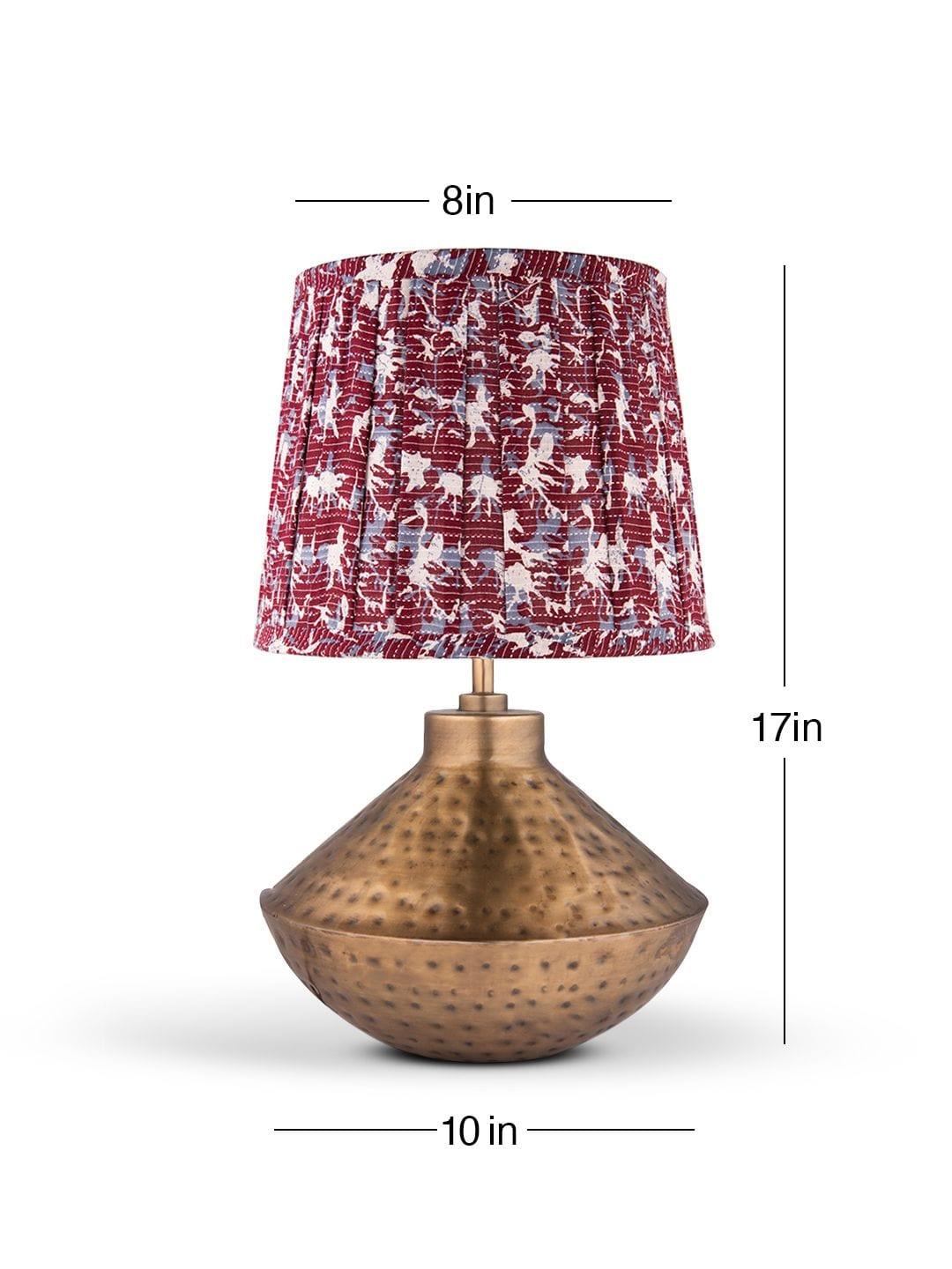 Golden Hammered Urn Lamp with Pleeted Multicolor Maroon Shade - Ouch Cart