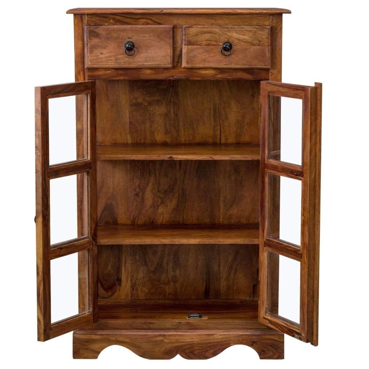 Sheesham Wood Two Drawer Crockery Cabinet Medium In Honey Finish - Ouch Cart