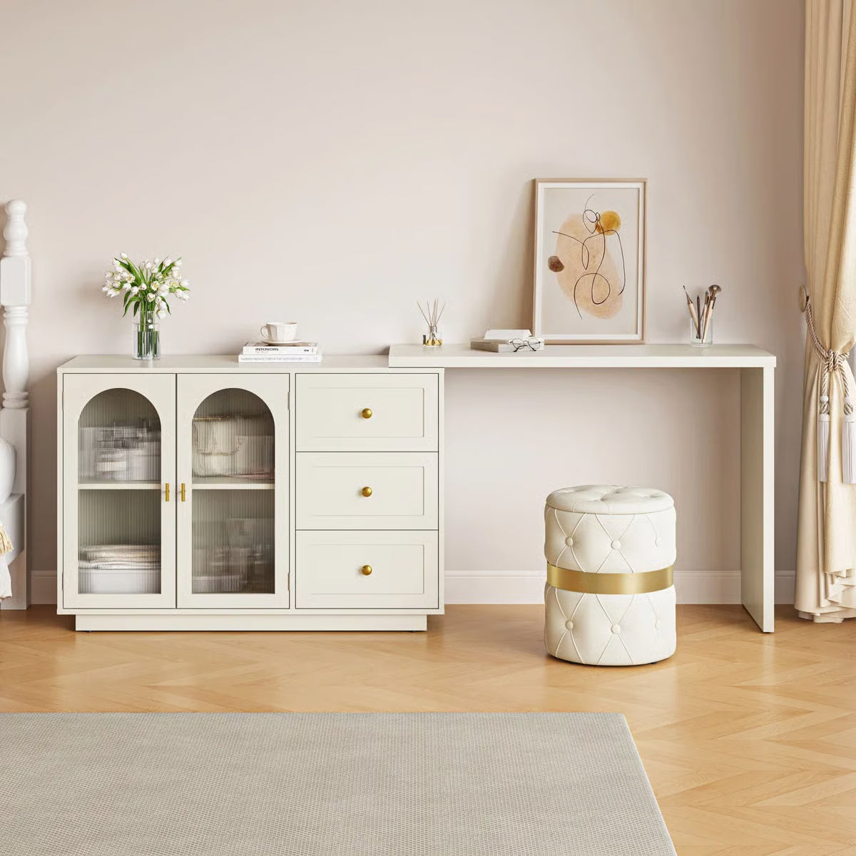 Extendable Makeup Vanity – Yokota Desk with 3 Drawers & 2 Acrylic Doors for Bedroom