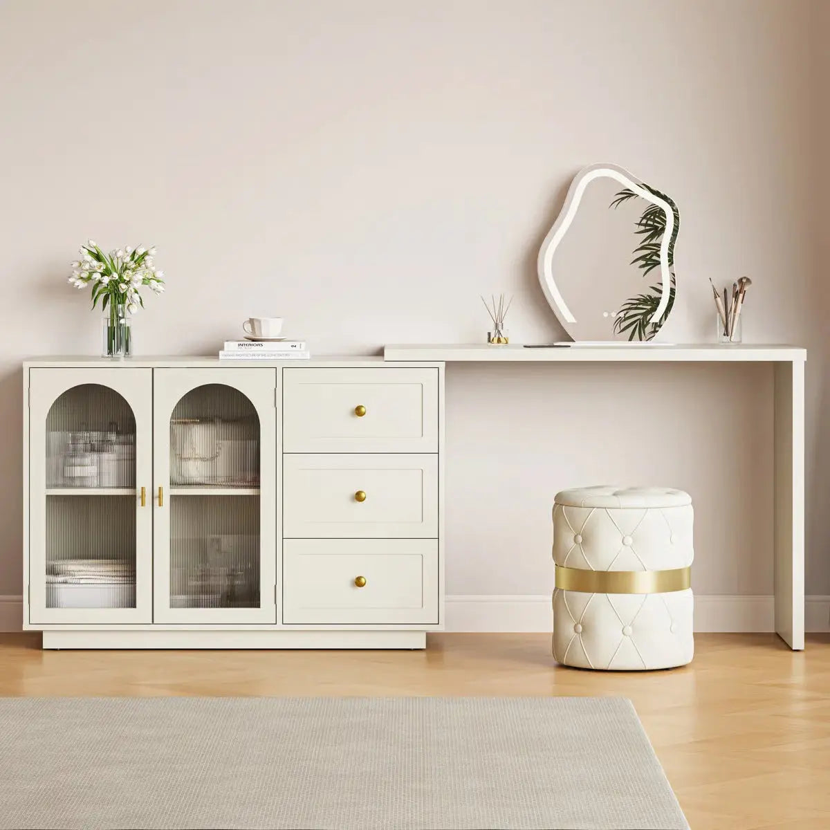 Extendable Makeup Vanity – Yokota Desk with 3 Drawers & 2 Acrylic Doors for Bedroom- OUCH CART | Dressing table