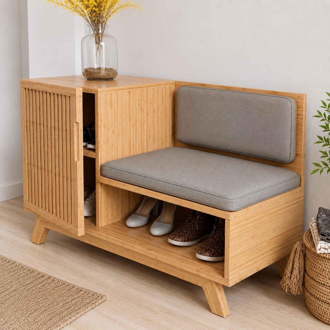Modern Bamboo Shoe Storage Bench with Sliding Door | Entryway Shoe Organizer Cabinet with Cushioned Seat