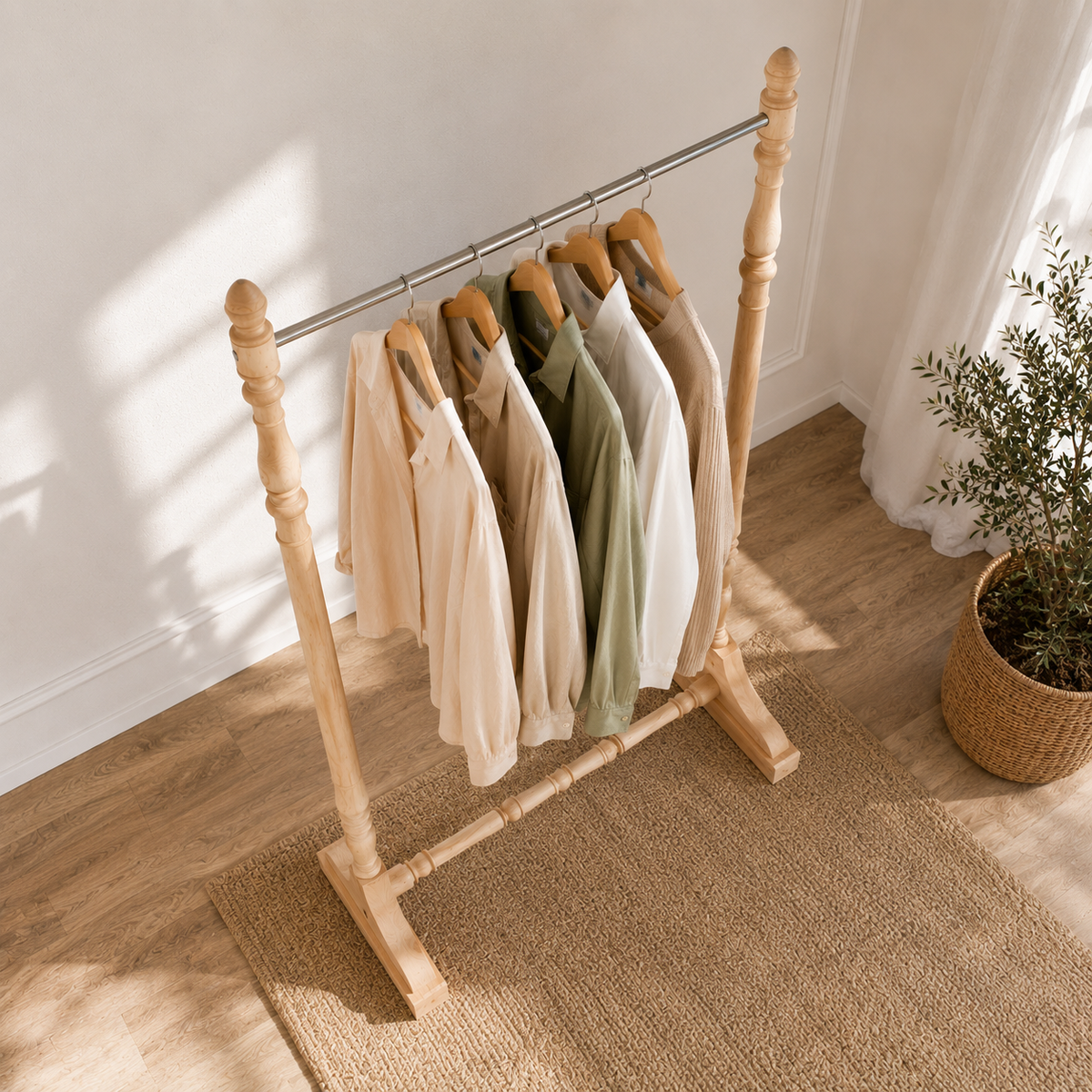Ouch Cart Wooden Clothes Rack | Freestanding Garment Stand with Hanging Rod for Bedroom OUCH CART