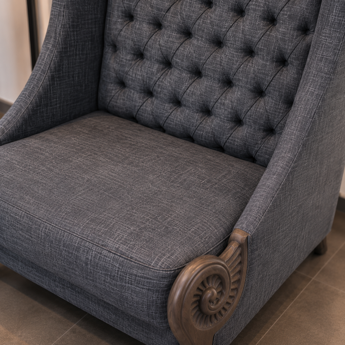 Tufted High Back Accent Chair with Carved Wooden Arms | Upholstered Living Room Lounge Chair OUCH CART
