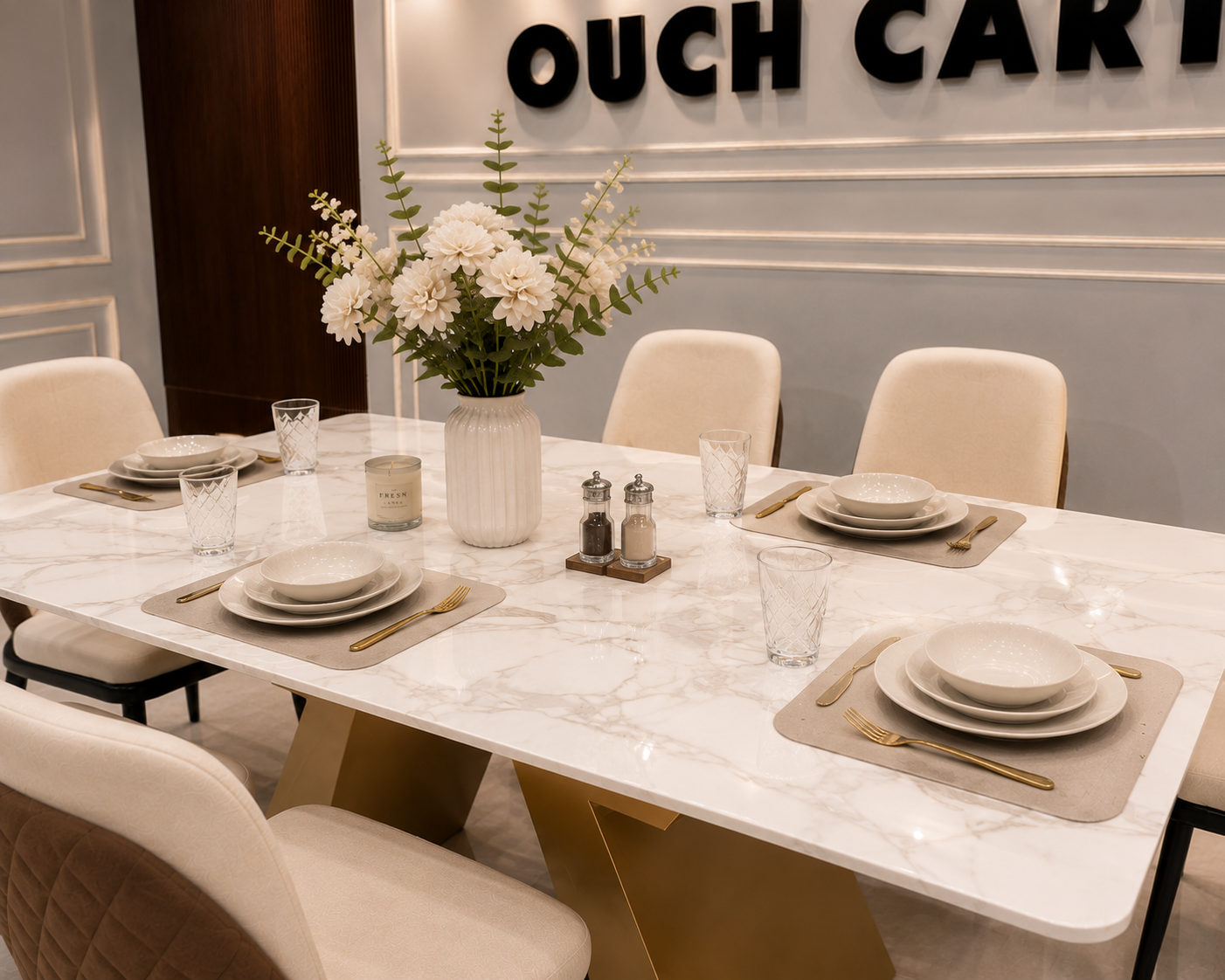Modern 6 Seater Marble Dining Table Set with Gold Metal Base & Upholstered Chairs | Luxury Dining Room Furniture