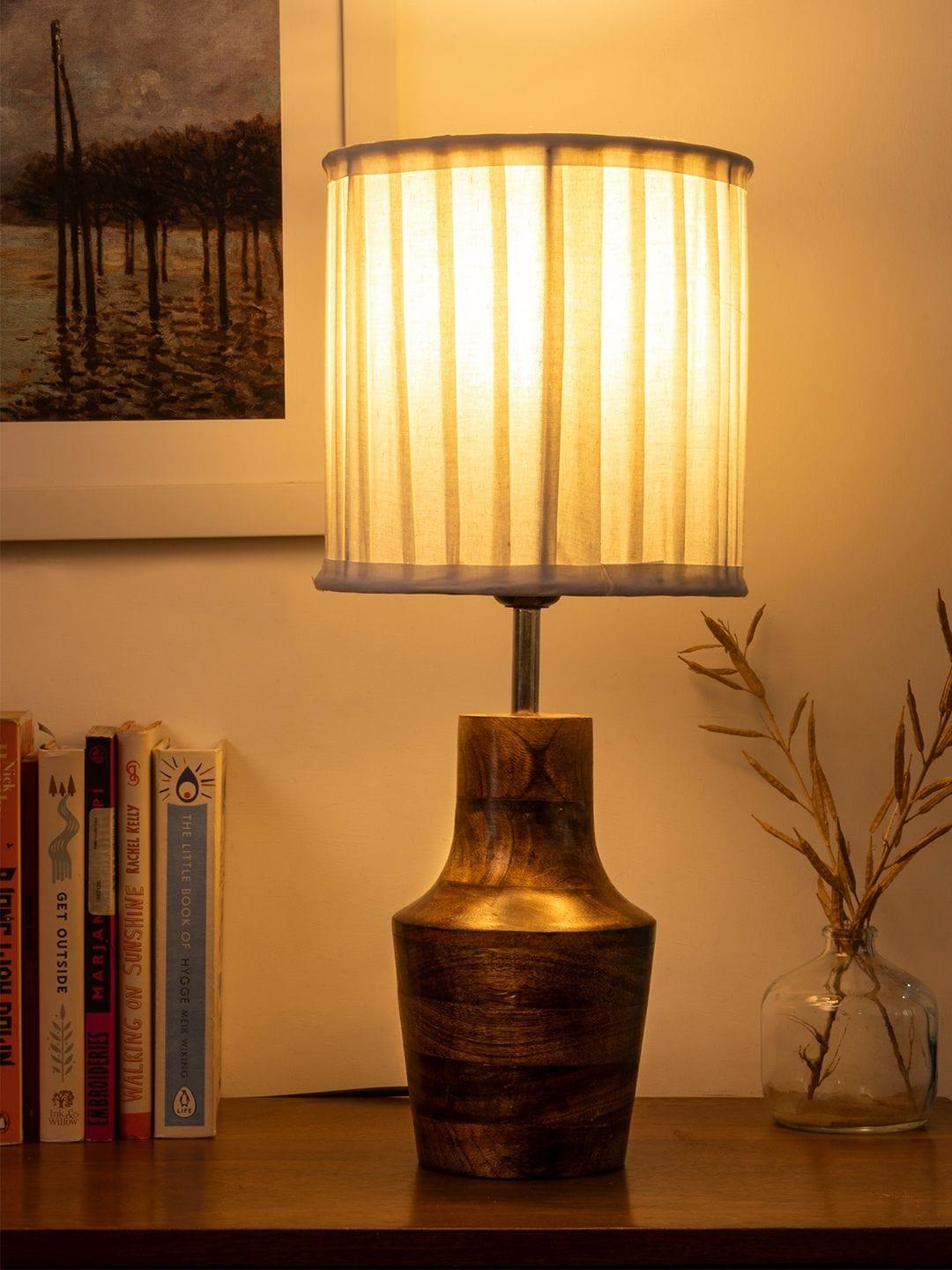 Wooden Firkin Lamp with Pleeted Cotton White Shade - Ouch Cart