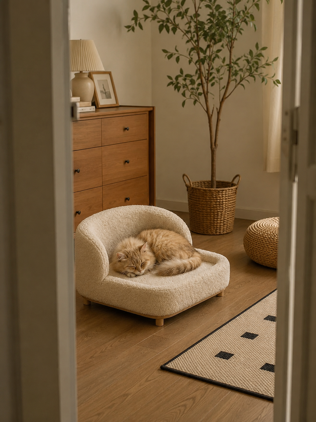 Plush Teddy Fabric Pet Sofa Bed – Soft Elevated Dog & Cat Couch with Wooden Legs, Cozy Washable Pet Lounge