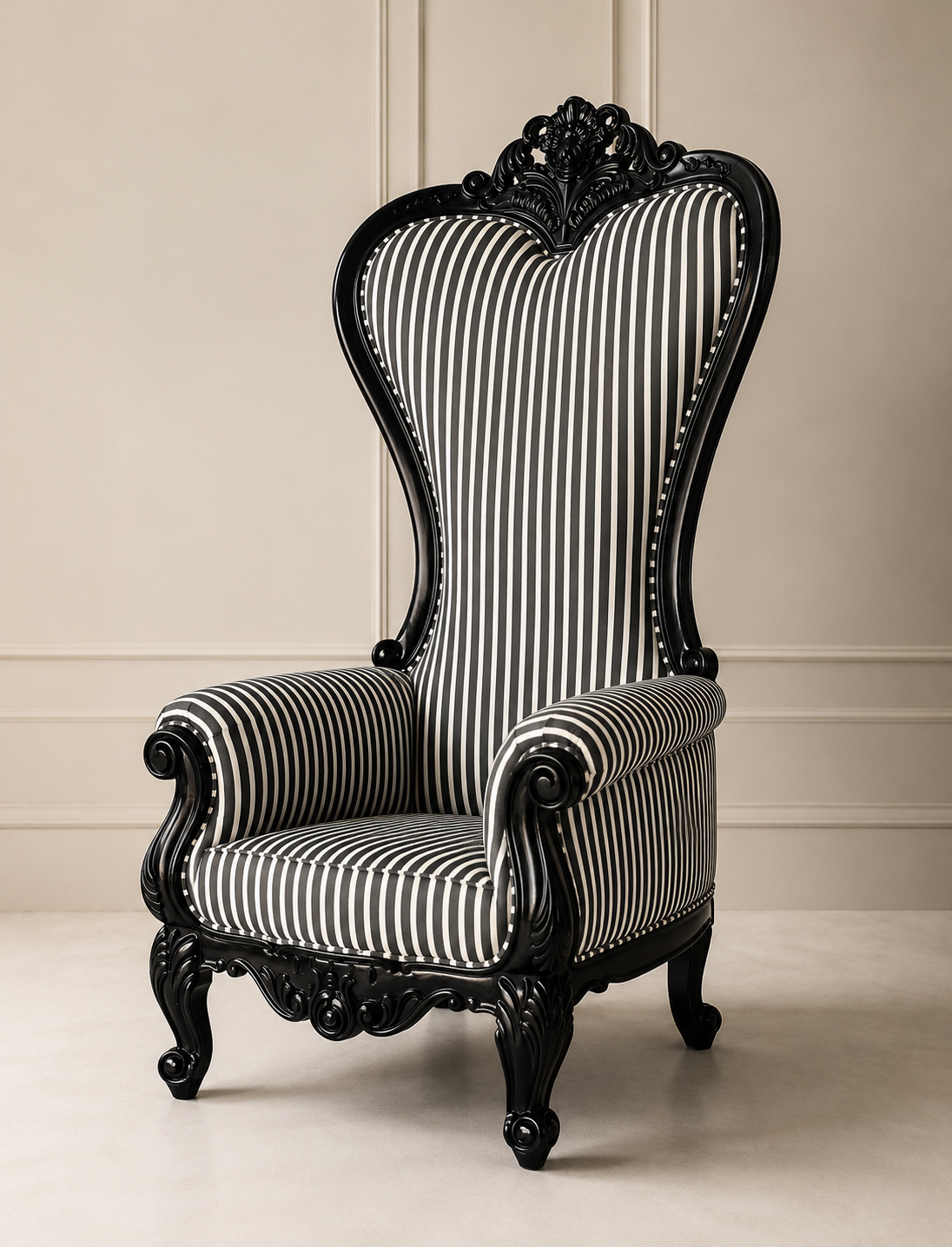 Baroque Carved Wooden Armchair with Black & White Striped Upholstery | High Back Accent Chair