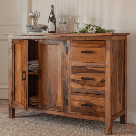 Brisbane Sheesham Wood Storage Cabinet with Three Drawer (Honey Finish) - Ouch Cart
