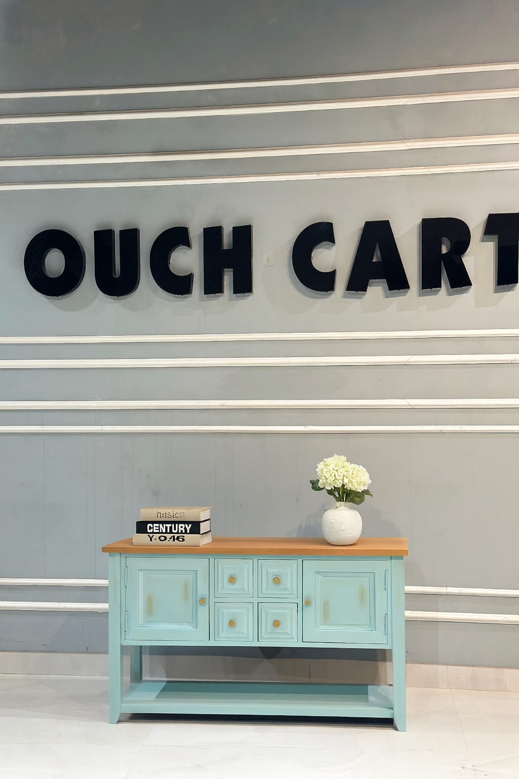 Vintage Teal Wooden Sideboard Cabinet with Natural Wood Top | Storage Console Unit