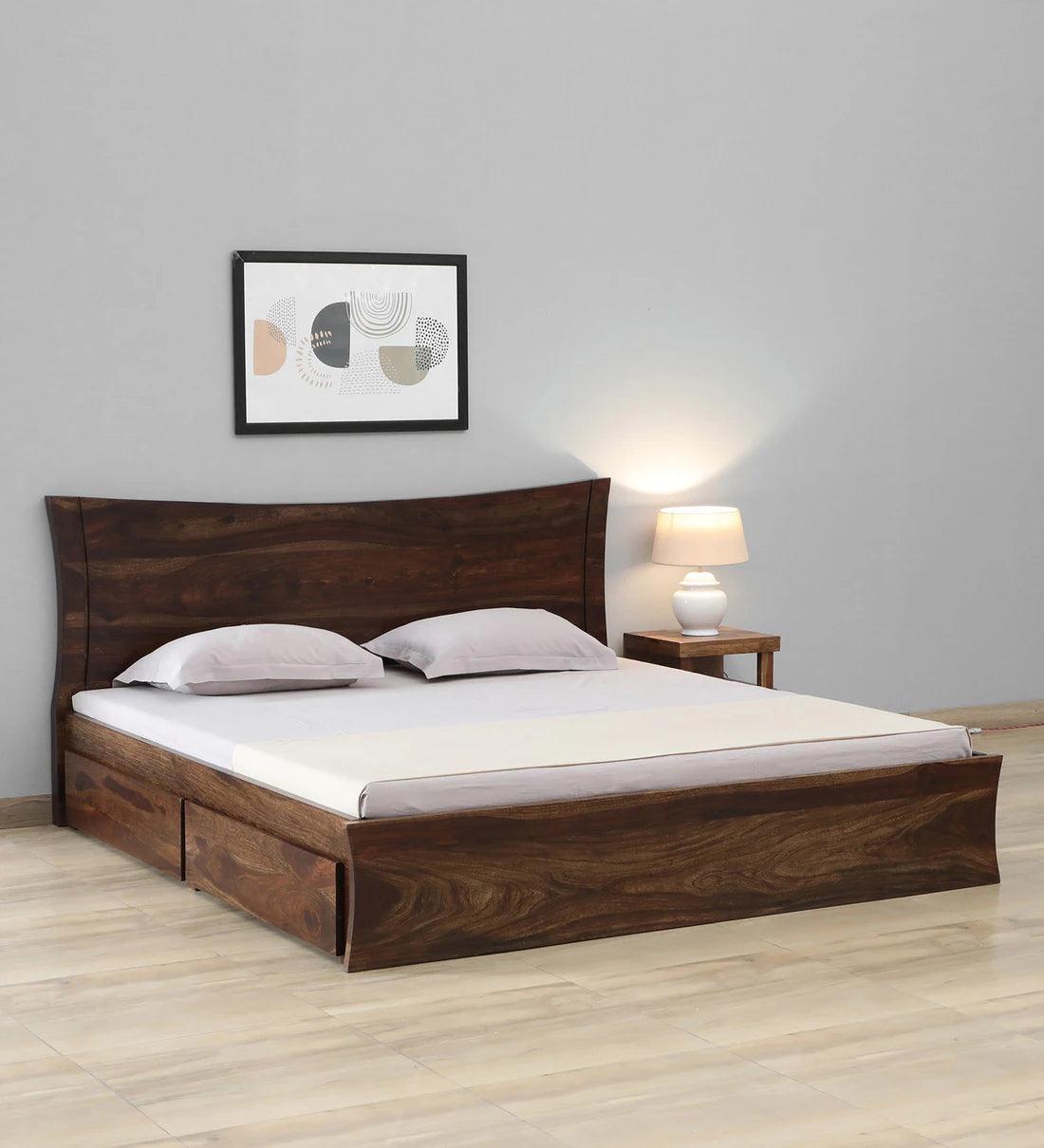 Sheesham Wood King Size Bed In Provincial Teak Finish With Drawer Storage - Ouch Cart