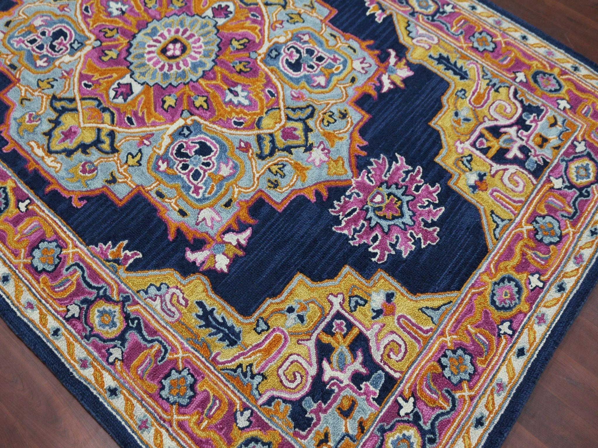 Navy Wool Boho 5x8 Feet Hand-Tufted Carpet - Rug - Ouch Cart