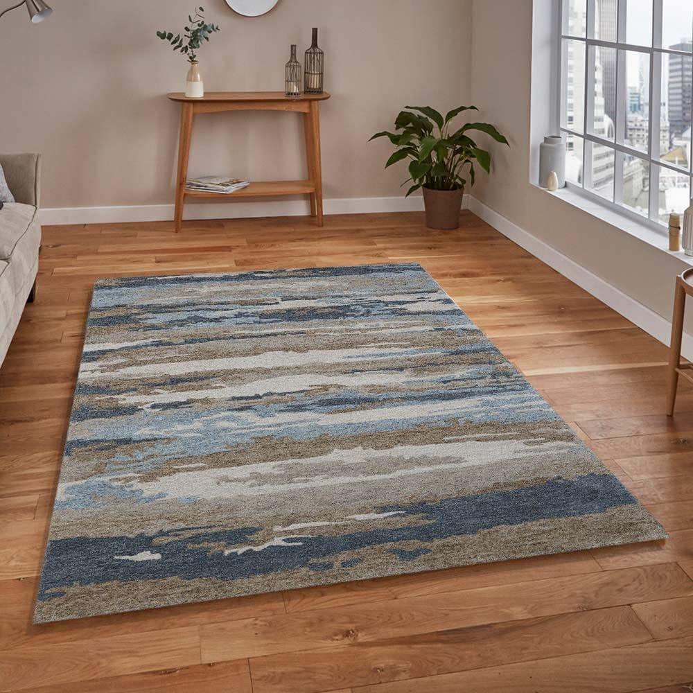 Water Blue Wool & Viscose Abstract Hand-Tufted Carpet Abstract Rug 4x6 Feet - Ouch Cart