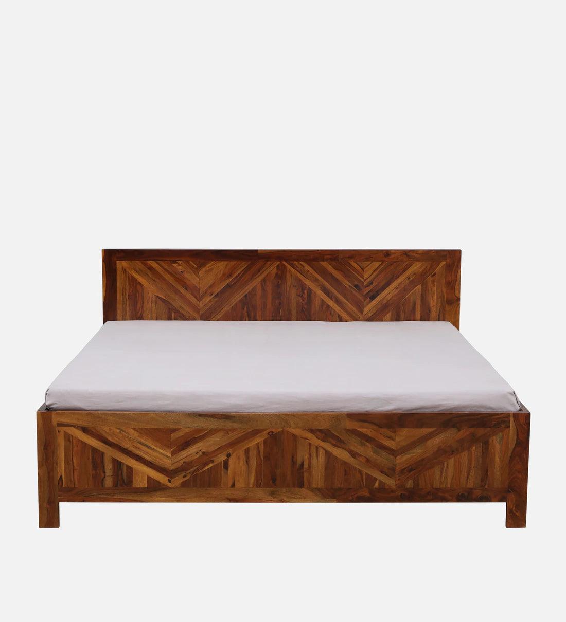 Sheesham Wood King Size Bed With Box Storage in Light Honey Finish - Ouch Cart