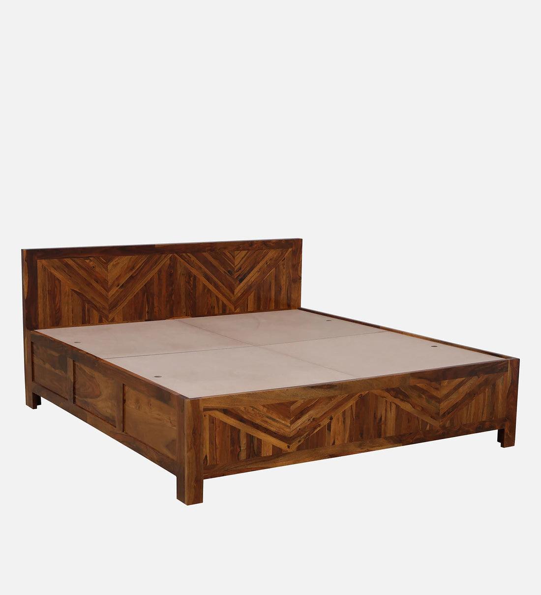 Sheesham Wood King Size Bed With Box Storage in Light Honey Finish - Ouch Cart