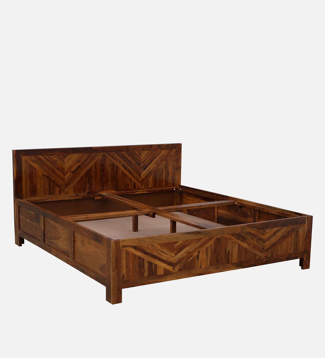 Sheesham Wood King Size Bed With Box Storage in Light Honey Finish - Ouch Cart