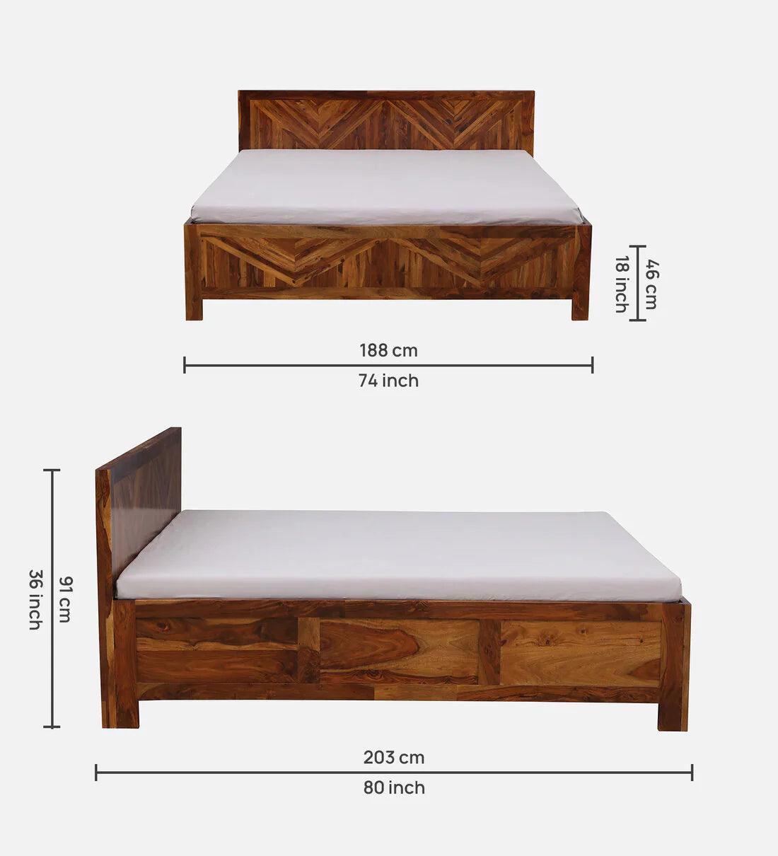 Sheesham Wood King Size Bed With Box Storage in Light Honey Finish - Ouch Cart