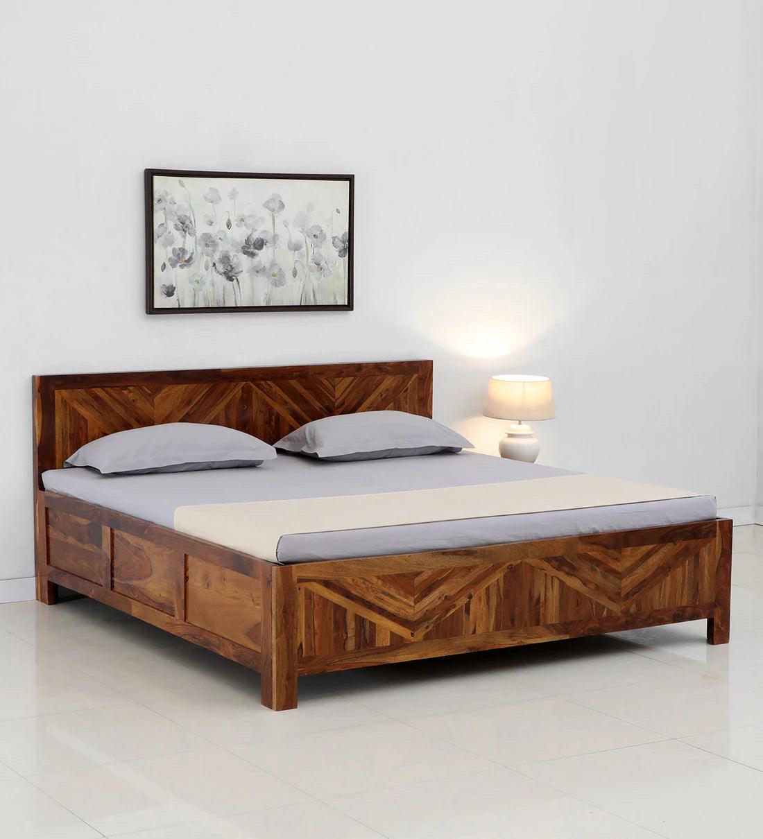 Sheesham Wood King Size Bed With Box Storage in Light Honey Finish - Ouch Cart