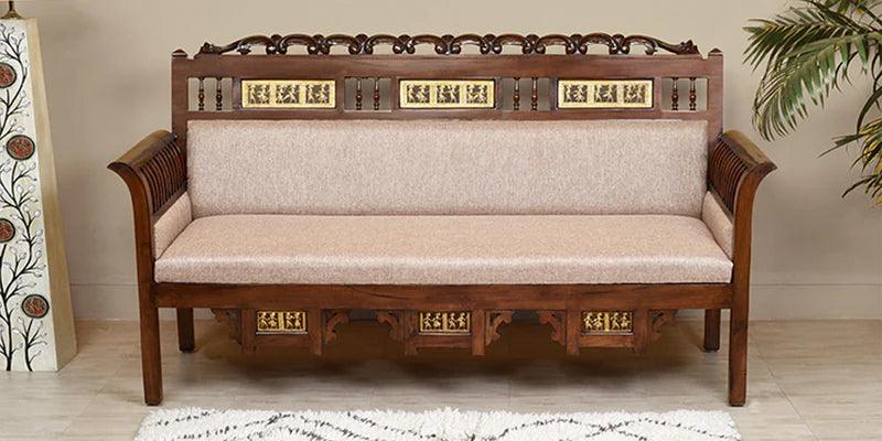Solid Wood 3 Seater Sofa in Beige & Walnut Colour - Ouch Cart