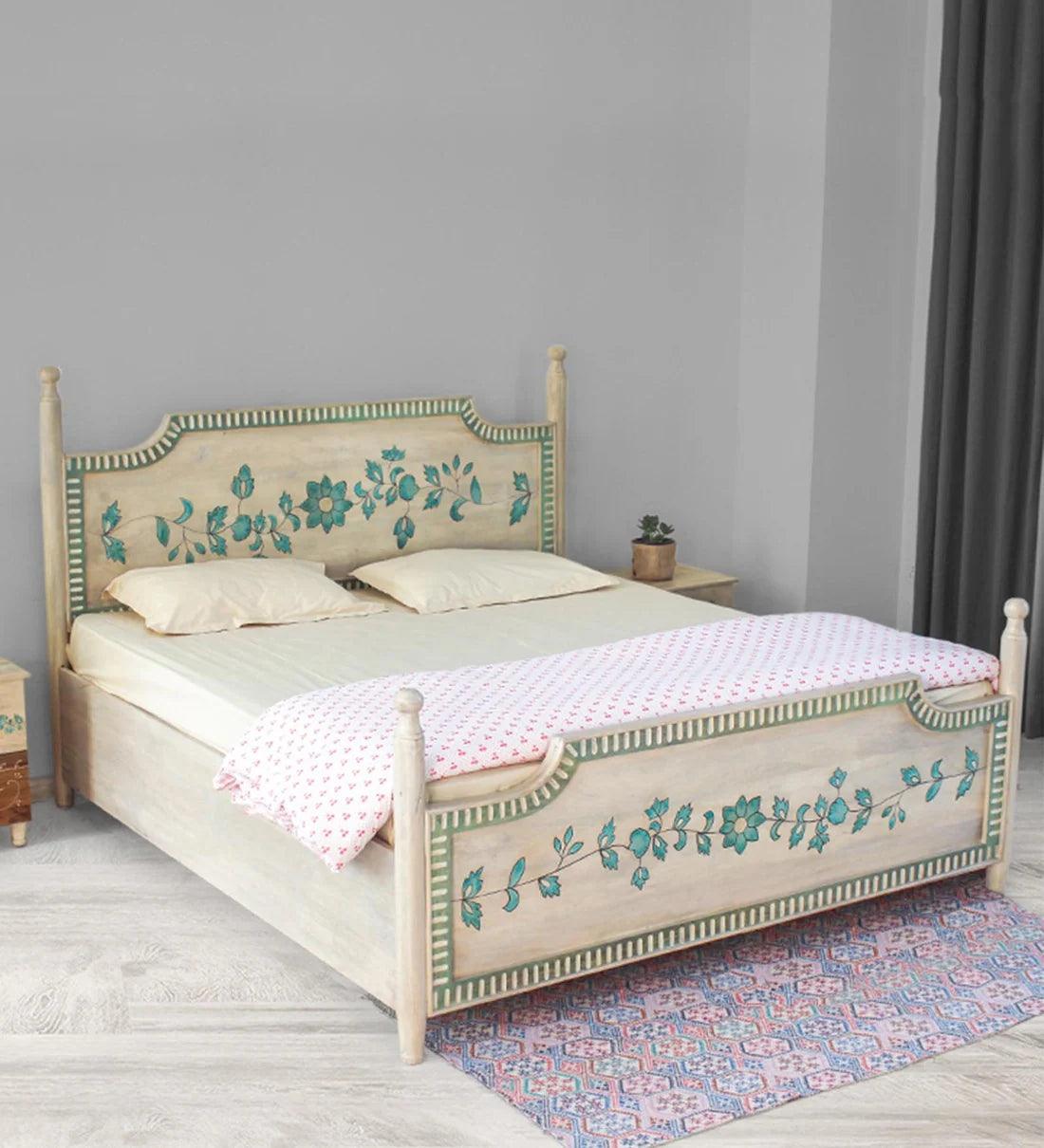 Memo King Size Bed With Storage In Vintage White Finish - Ouch Cart