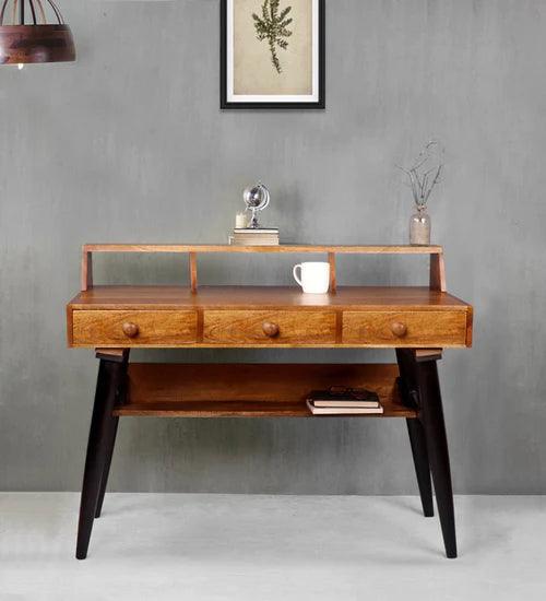 Charlotte Table With 3 Drawers In Teak & Black Finish - Ouch Cart