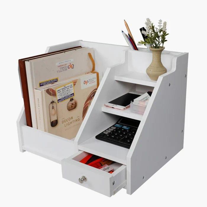 Multi Use Desktop Stationery Organizer Box with Drawer Rack (White) - Ouch Cart