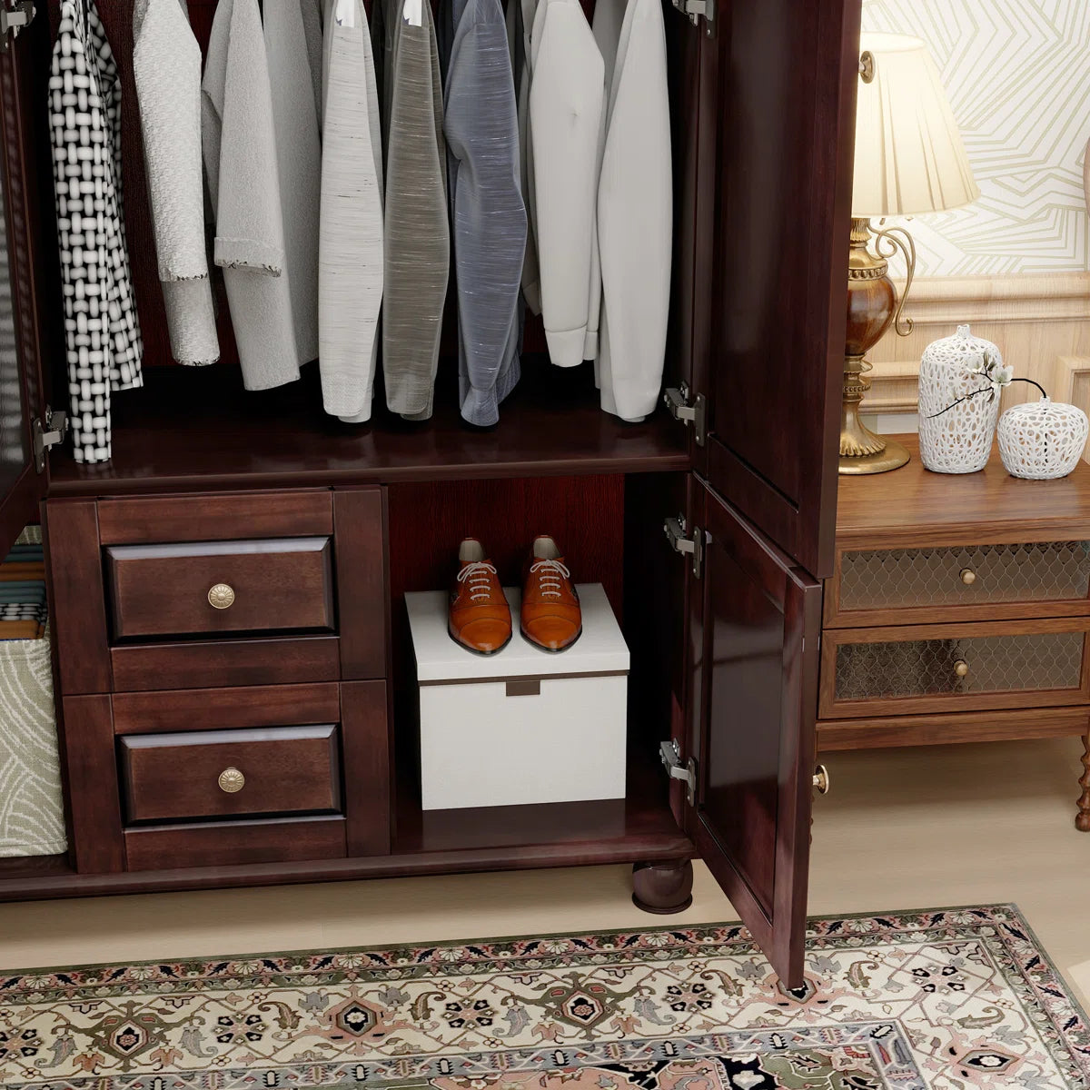 Premium Solid Wood 3-Door Wardrobe Armoire with Mirror and Hanging Rods 70.87 H