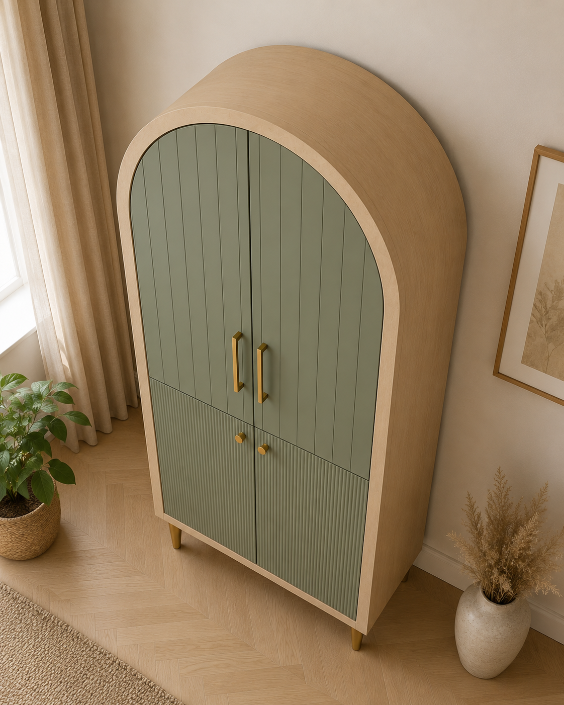 Modern Arched Wooden Wardrobe with Sage Green Doors OUCH CART