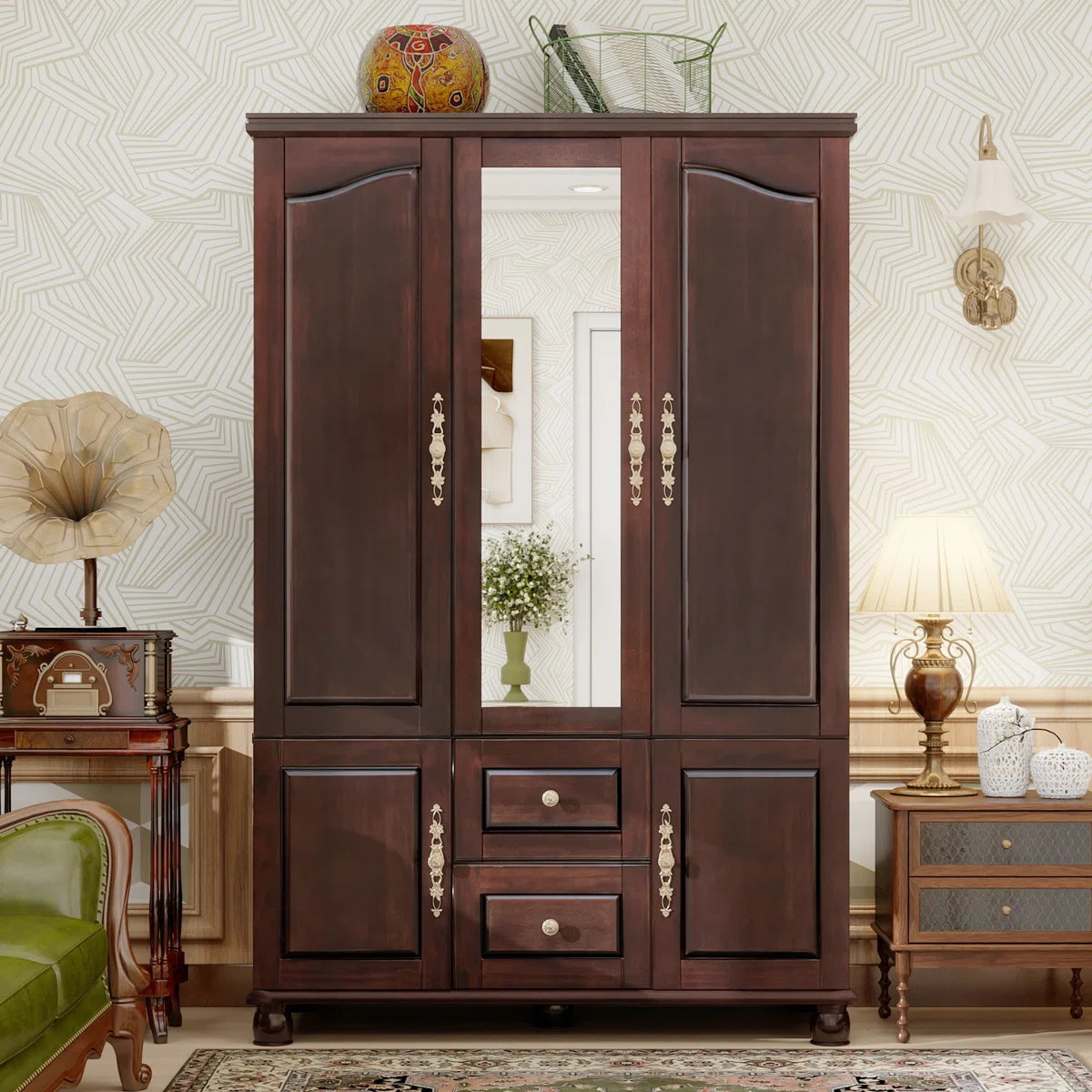 100% Solid Wood 3-door Wardrobe Armoire with Mirror & 2 Hanging Rods, 70.87"H