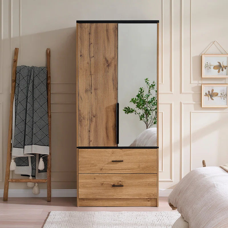 71" H Armoire Wardrobe Wood Cabinet With 2 Drawers and Mirror