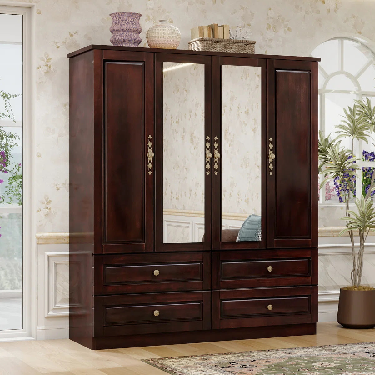 4 Doors Wardrobe Armoire 100% Soild Wood Storage Cabinet With Mirrors, 70.87"H Wardrobe Closet With 4 Drawers and 2 Hanging Rods, Dark Brown Finish