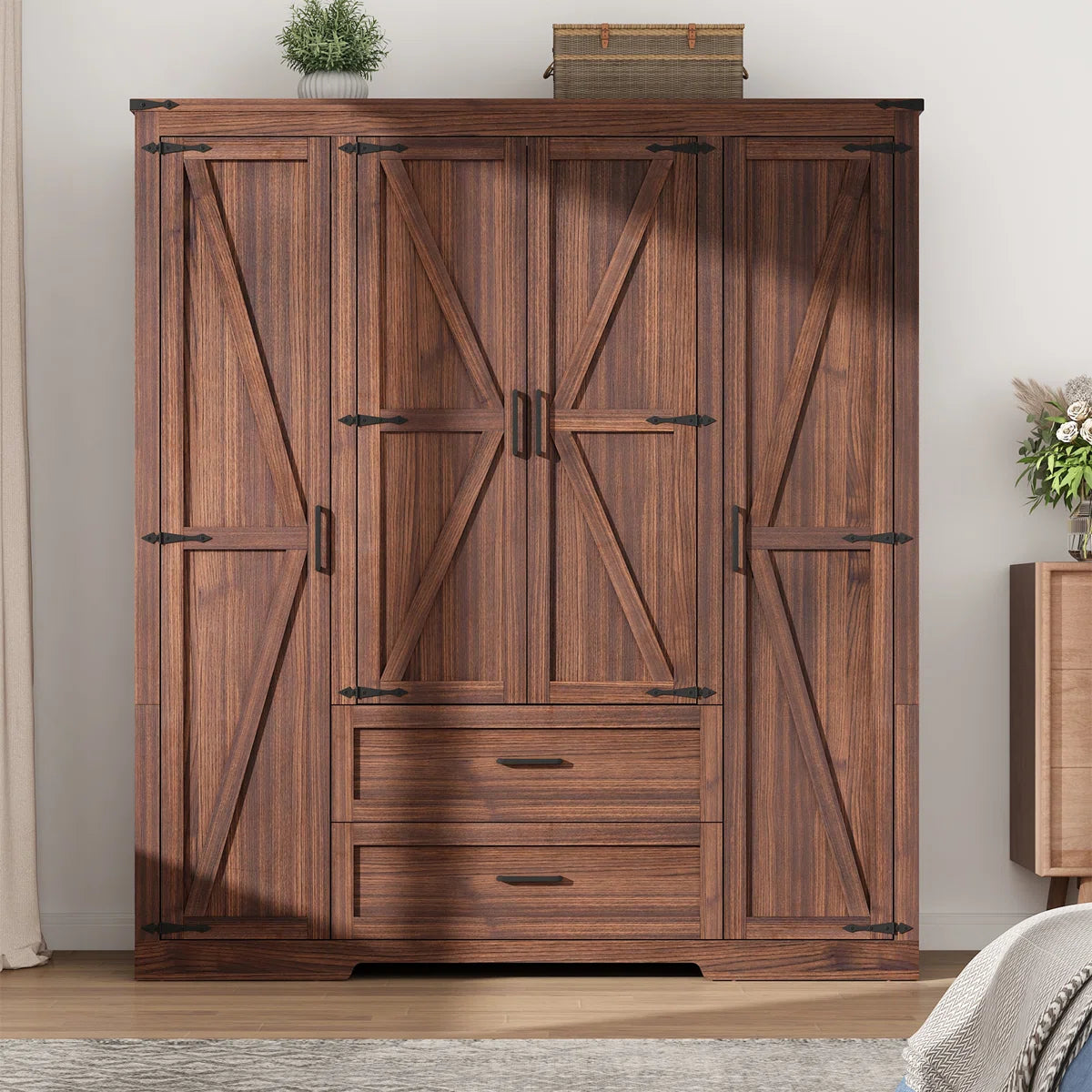 70.10" Farmhouse 4 Door Armoire Wardrobe With 2 Drawers, Hanging Rod And 2 Adjustable Shelves For Bedroom