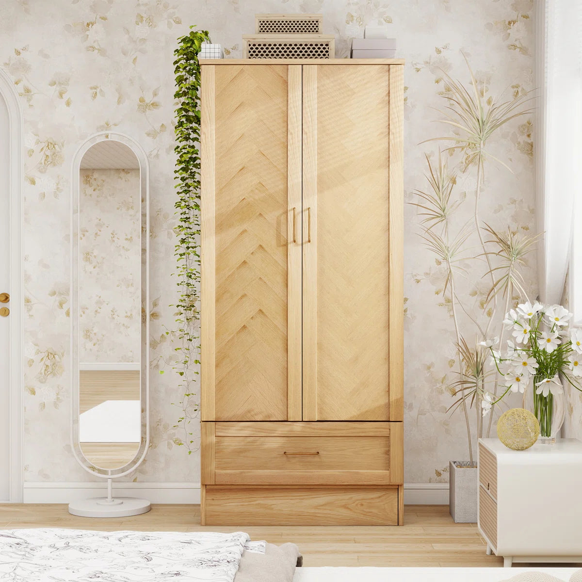 2 Doors Wardrobe Armoire 100% Soild Wood Storage Cabinet, 70.87"H Wardrobe Closet with Drawer and Hanging Rod, Natrual Wood Finish