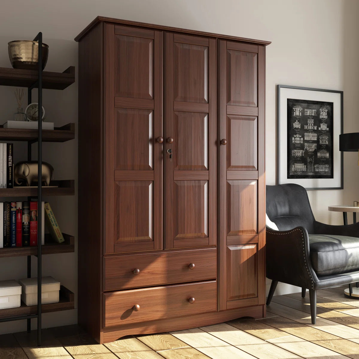 Elegant 3-Door Solid Wood Wardrobe Armoire Primm Grand with Lockable Doors