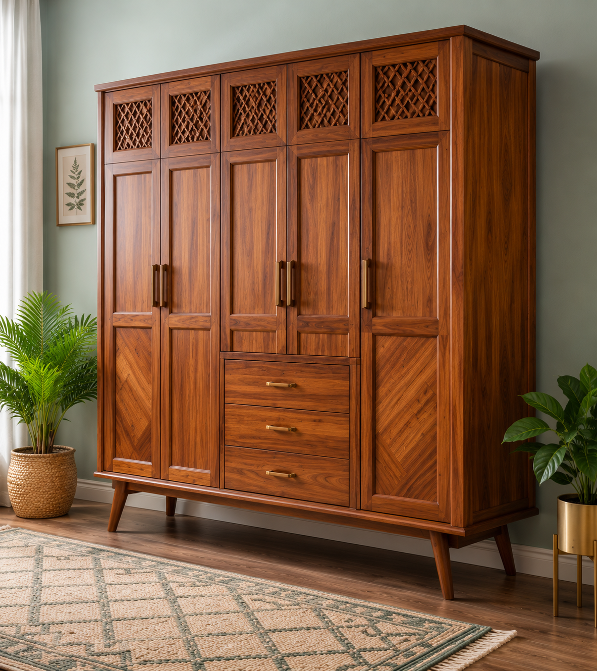 Premium 5 Door Wooden Wardrobe with 3 Drawers | Modern Bedroom Almirah in Walnut Finish | Large Clothes Storage Cabinet