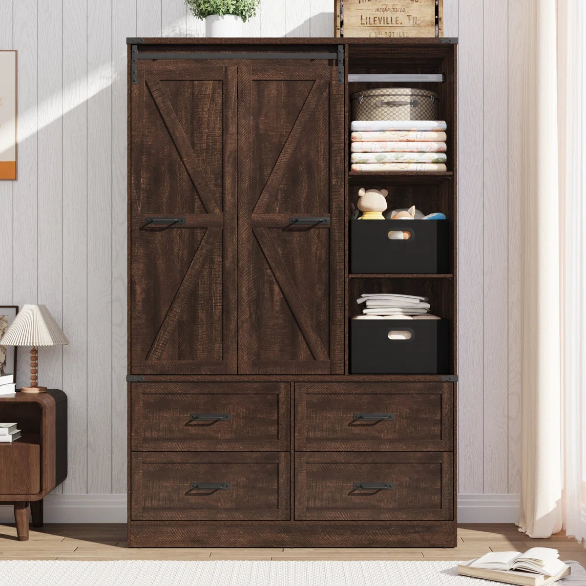 73.00''H Armoire Wardrobe With Sensor Light, Drawers, And Hanging Rod