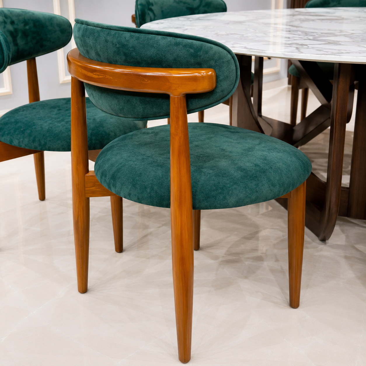Modern 8 Seater Marble Dining Table Set with Green Velvet Chairs