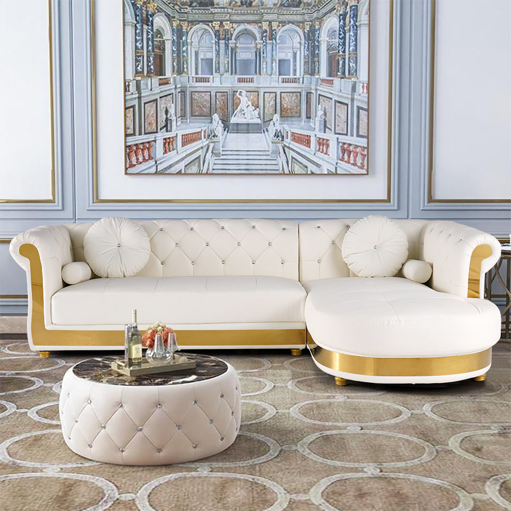 Luxury White L-Shaped Chesterfield Leather Sofa Set with Gold Accents OUCH CART