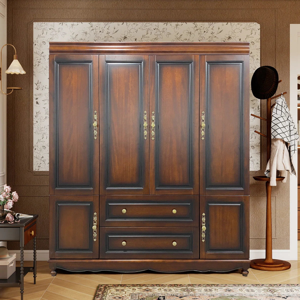 100% Solid Wood Wardrobe Armoire, Farmhouse 4-door 70.87"H Bedroom Armoire Closet with Drawer and Hanging Rod