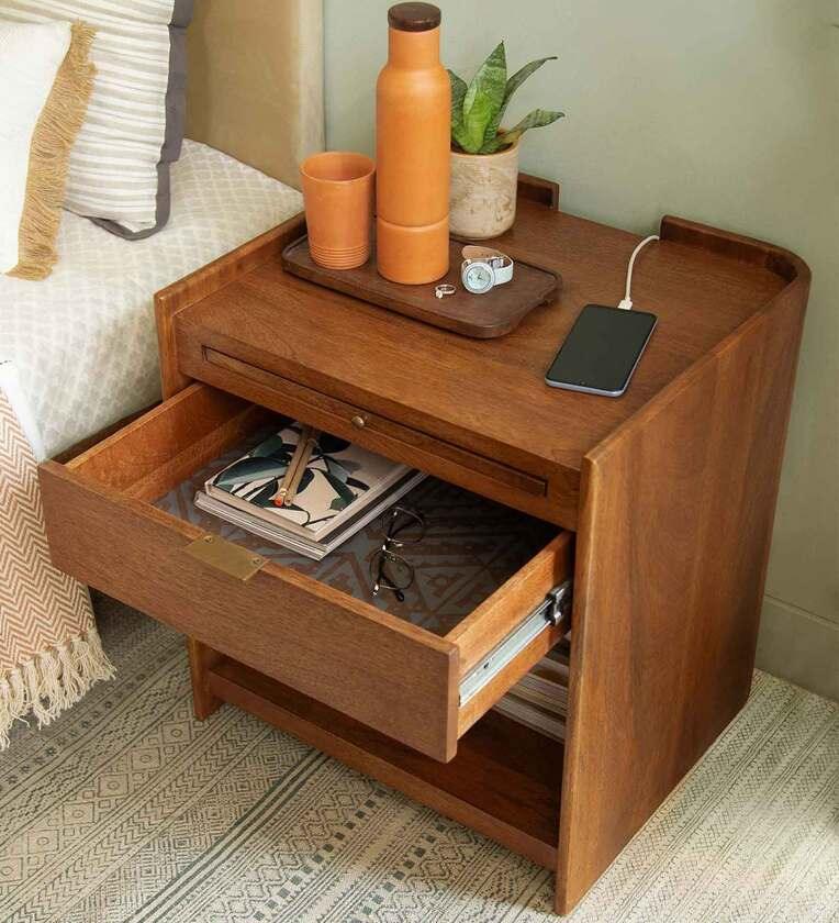 Solid Wood Night Stand With Drawer In Brown Colour - Ouch Cart