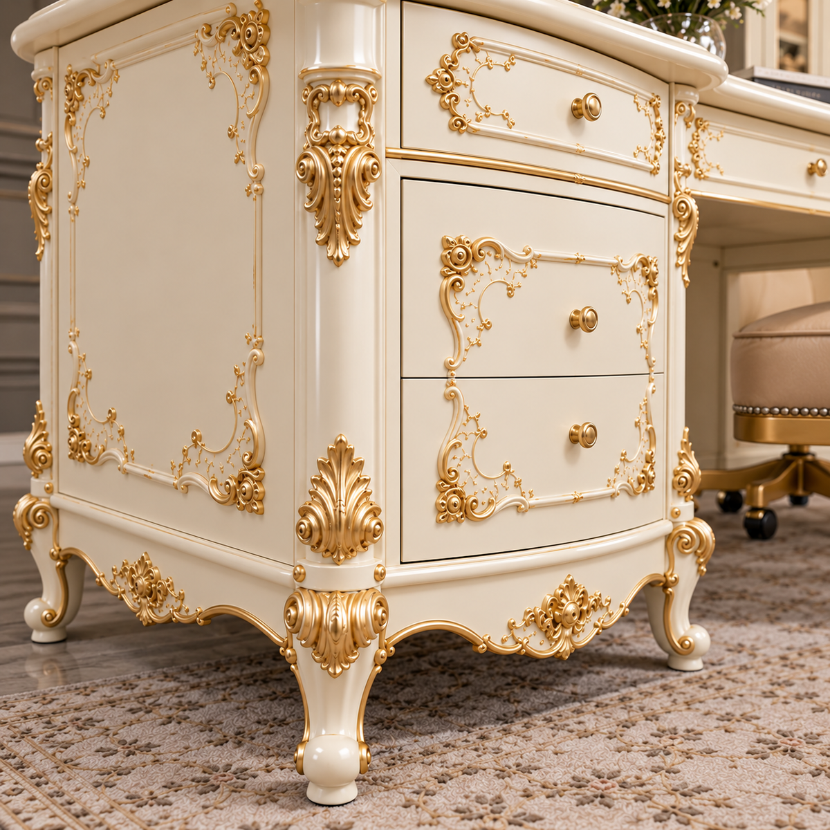 Luxury French Rococo Executive Office Desk | Ivory & Gold Carved Wooden Writing Table OUCH CART