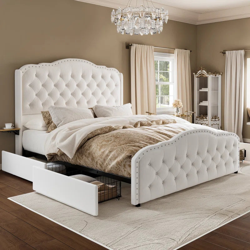 Maber Upholstered Queen Bed with 4 Drawers, Storage Platform Bed with 2 Bedside Tables , Velvet Wingback Bed, No Boxing Spring Needed, Gray