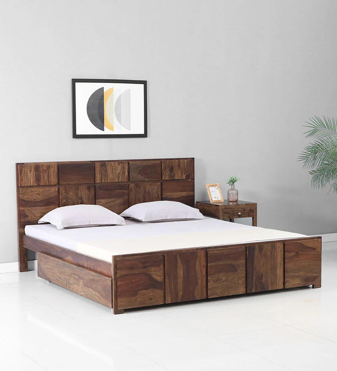 Sheesham Wood King Size Bed In Provincial Teak Finish With Drawer Storage - Ouch Cart