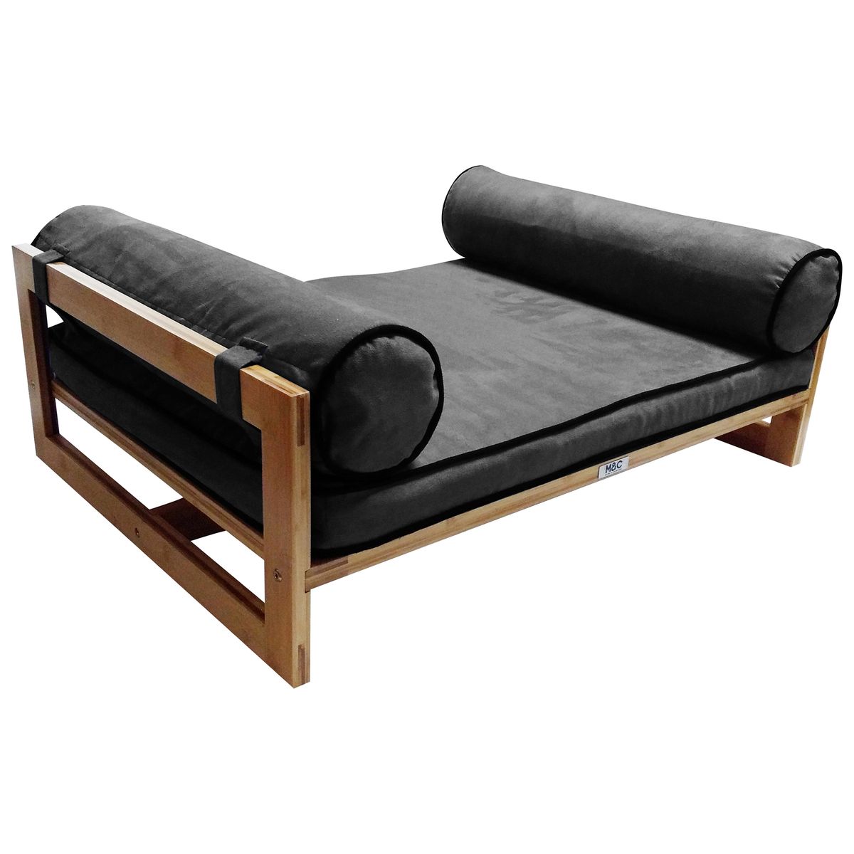 Modern Wooden Dog Bed with Plush Cushion & Bolster Pillows