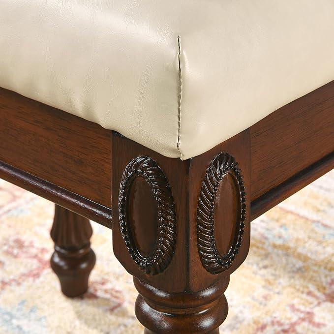 Piano Bench with Solid Wood Carving Legs, Home Chairs Button Breathing Leather Upholstered Seat, Easy Assembly, Cherry Walnut Leg & Beige FD1533BG - Ouch Cart
