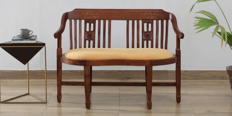 Scratch Resistant Teak Wood 2 Seater Sofa In Yellow Colour - Ouch Cart