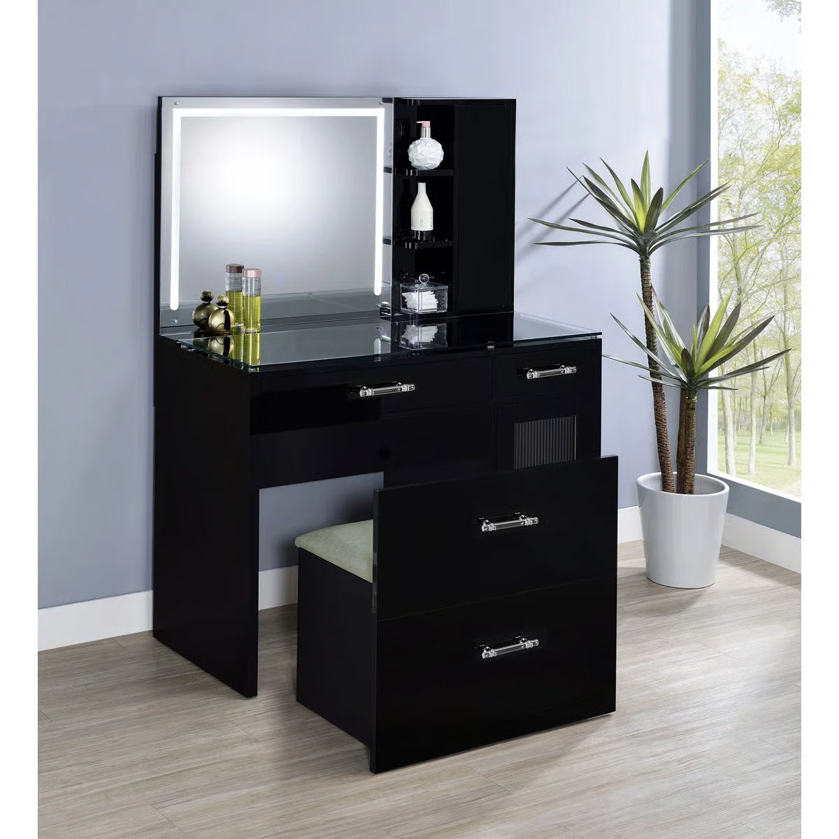 Elegant Jaiyla 2-Drawer Vanity Set with LED Mirror – Modern High Gloss Desk