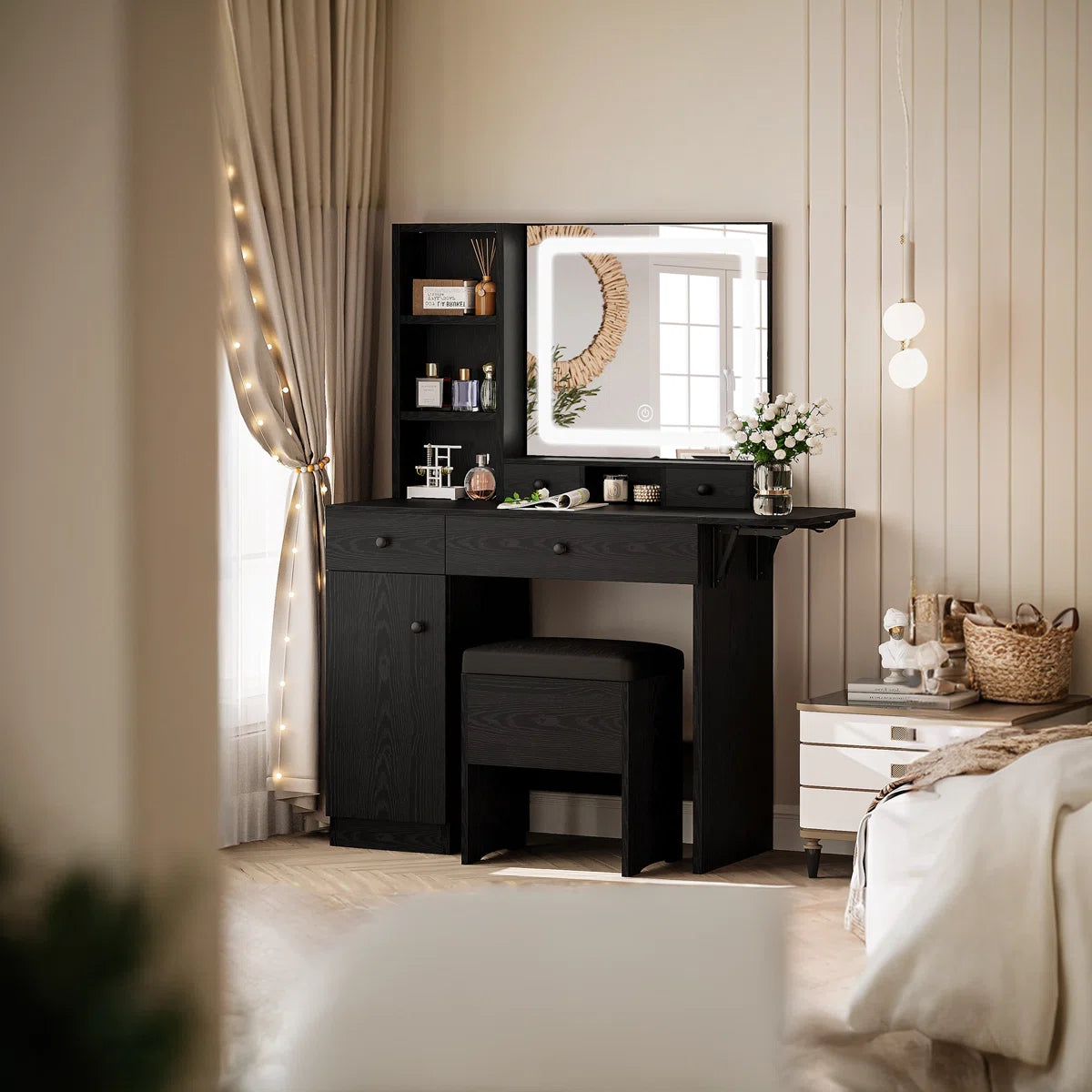 Vanity Desk with LED Lighted Mirror, Power Outlet, 2 Drawers, 3 Cubbies & Bookcase Storage for Bedroom- OUCH CART | Dressing table